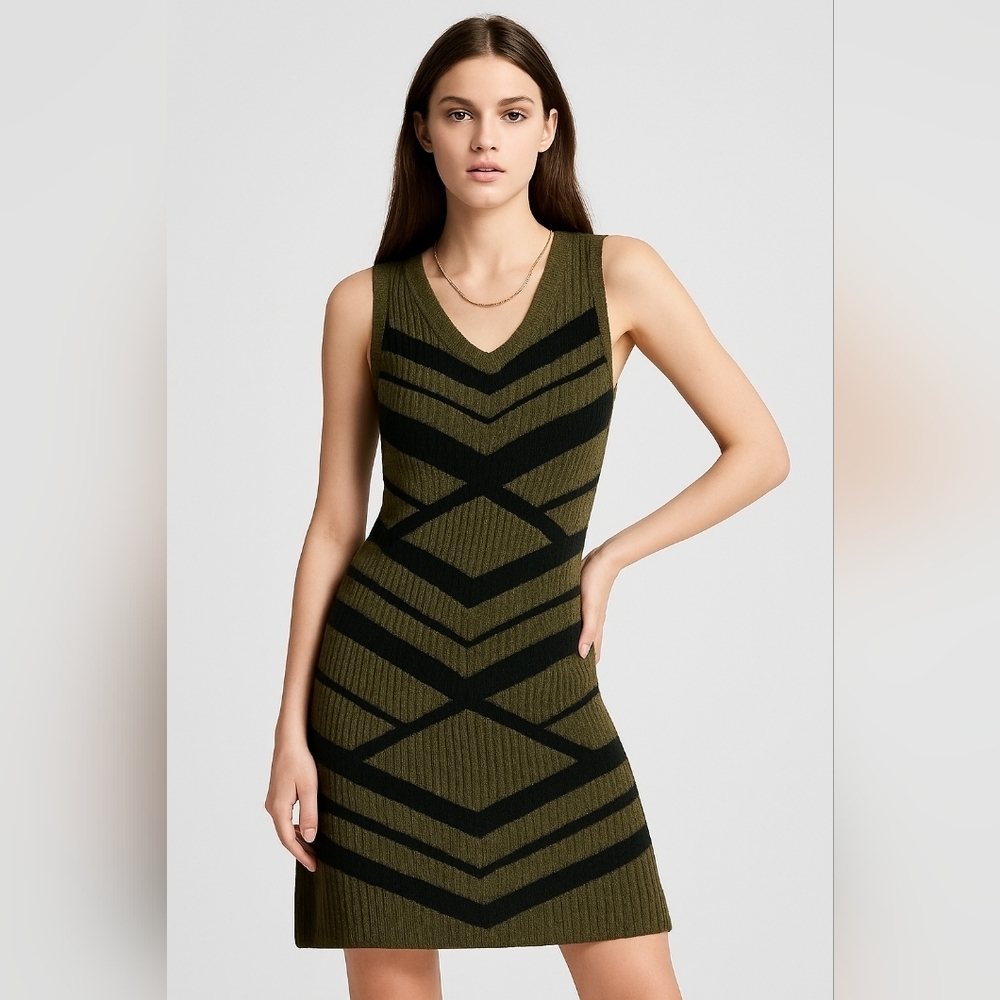 Elegant Olive and Black Chevron Knit Dress